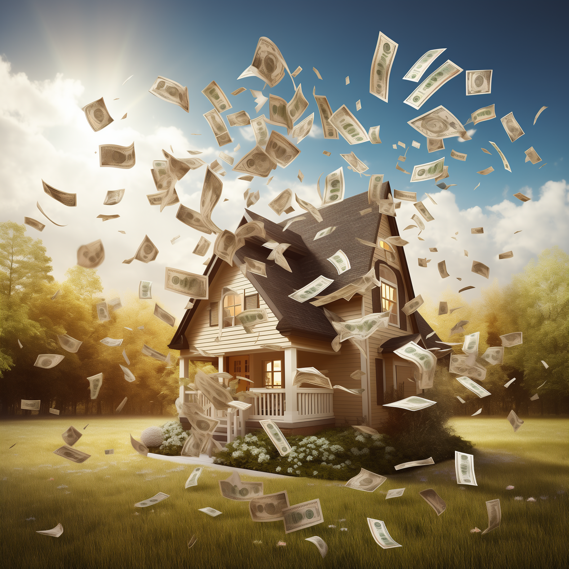 A house is surrounded by money that is falling from the sky