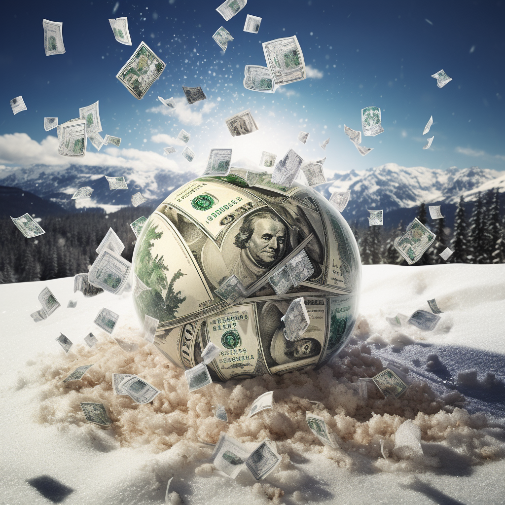 A globe made out of dollar bills in the snow