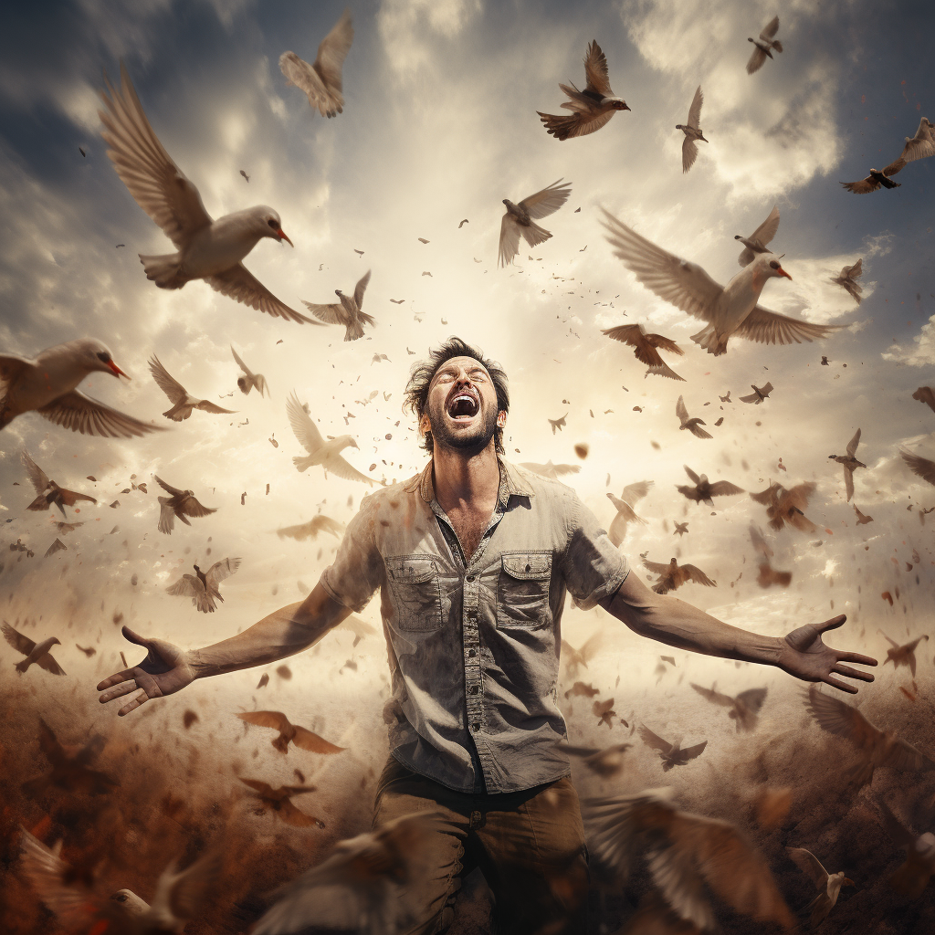 A man with his arms outstretched is surrounded by birds
