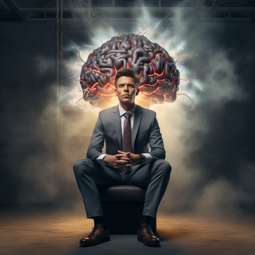 A man in a suit and tie is sitting on a chair with a brain coming out of his head.