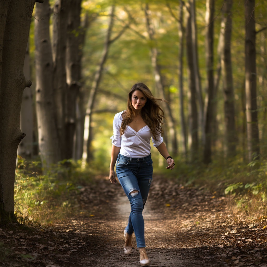 A woman is walking down a path in the woods.