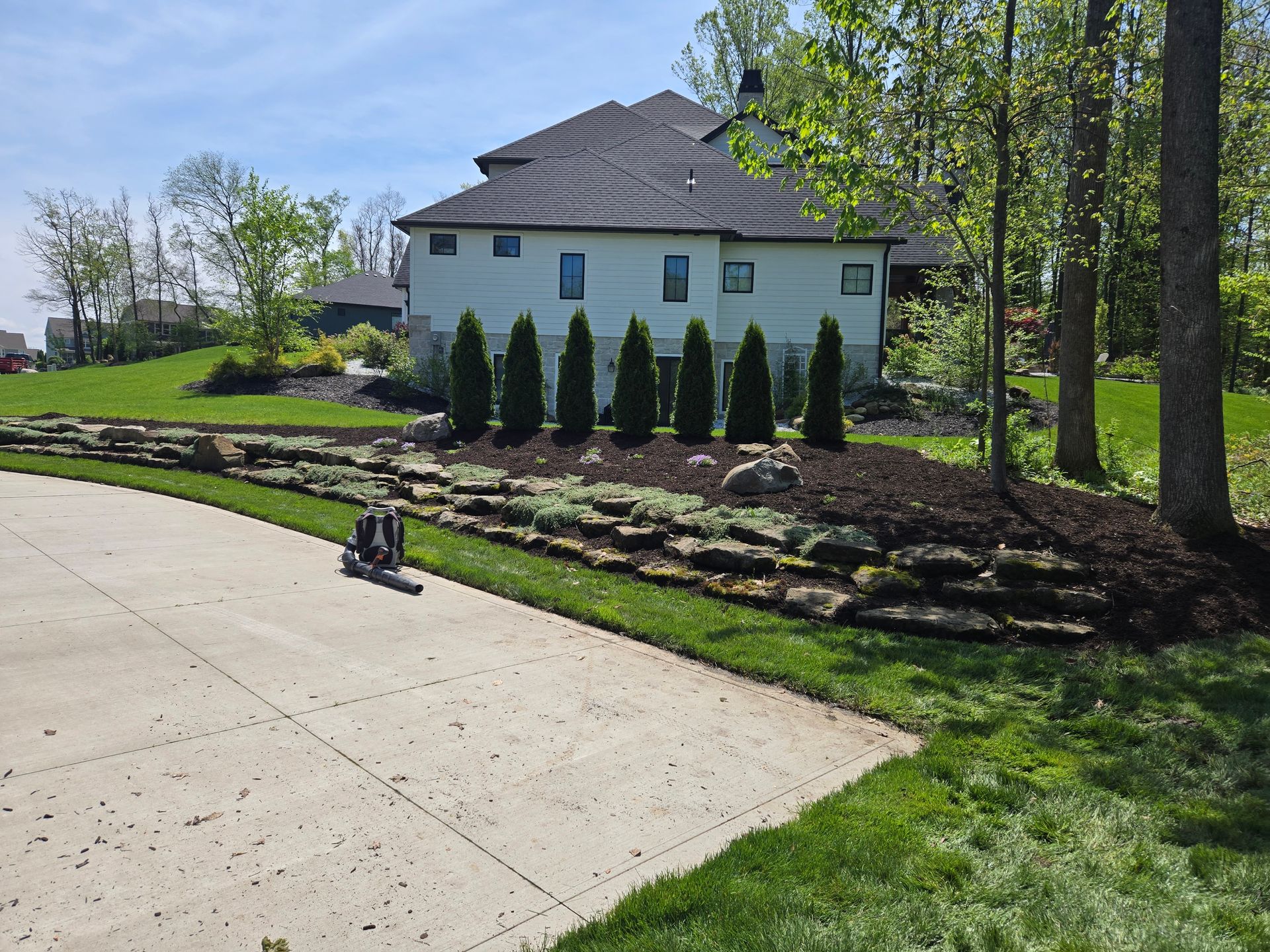 A house with a lot of trees in front of it