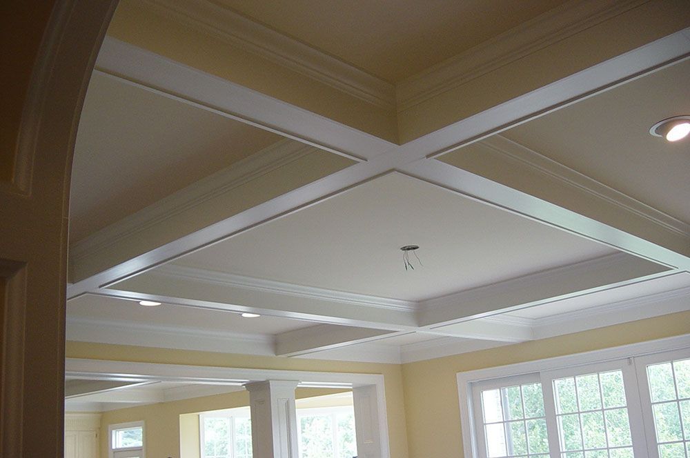 The ceiling of a room with a lot of windows and a white ceiling.