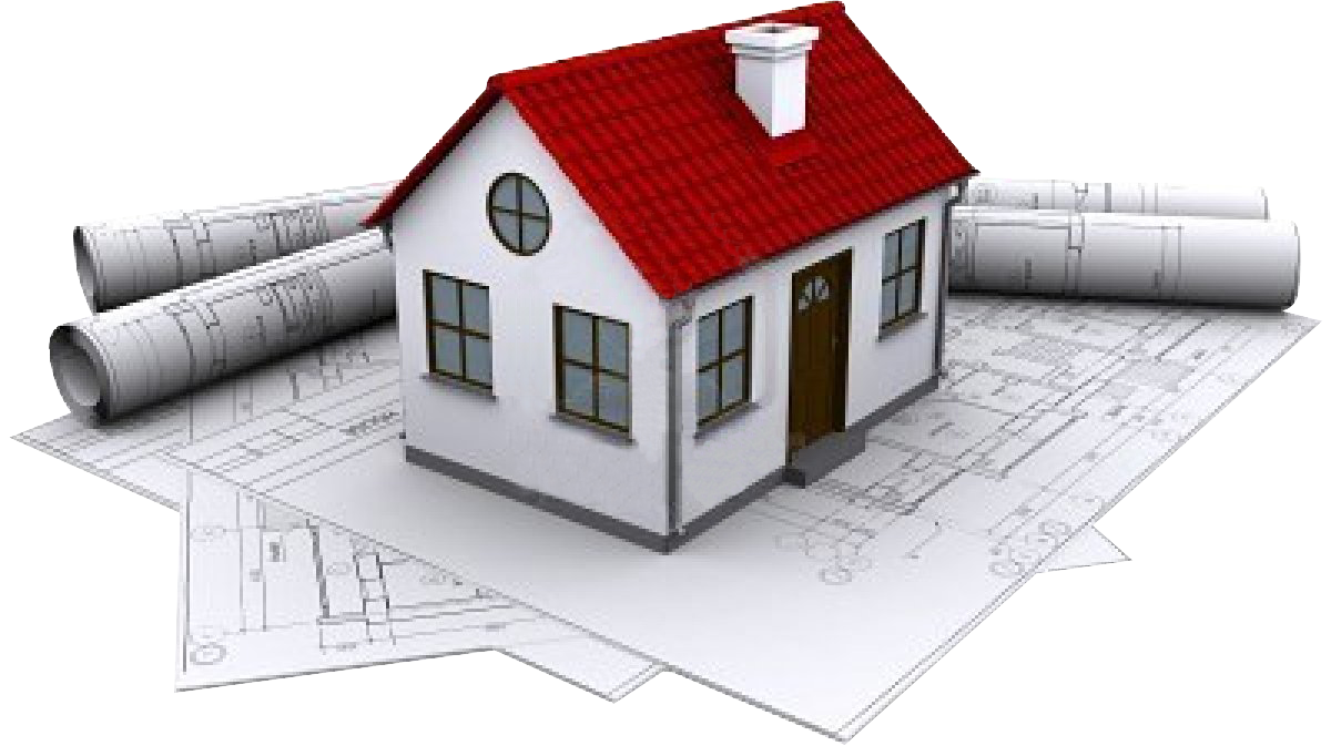 A white house with a red roof is sitting on top of blueprints.
