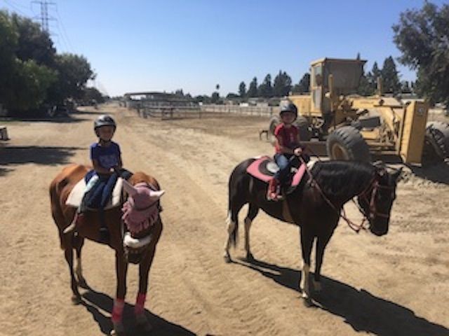 Two children are riding horses on a dirt road