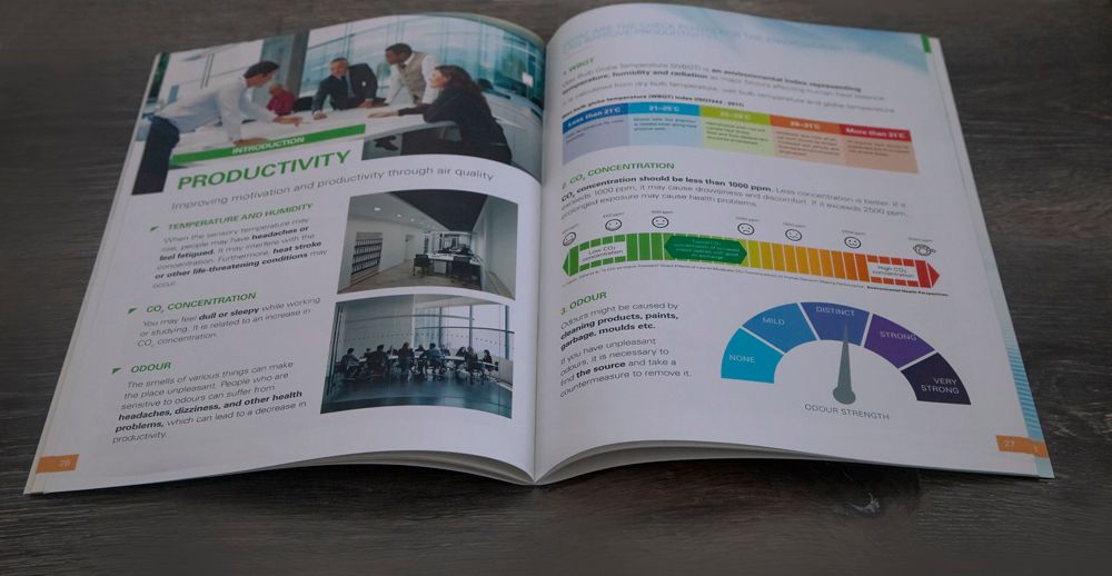 Open magazine with content on productivity, including charts and photos of people in meetings. From Excel In Print Auckland. 