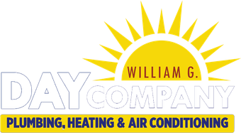 Day Company plumbing, heating and air conditioning logo with yellow sun and blue text