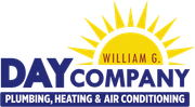 Logo for Day Company plumbing, heating & air conditioning with yellow sun and blue text