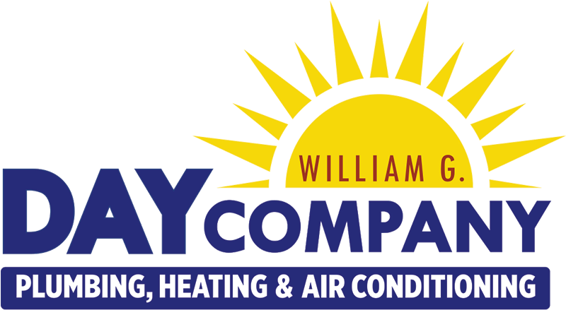 Logo for Day Company plumbing, heating & air conditioning with yellow sun and blue text