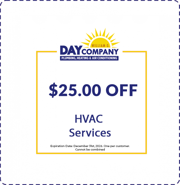 Day Company HVAC coupon ad: $25 off, blue and yellow logo on white background.