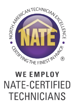 NATE logo with “We employ NATE-certified technicians” text in purple, gold, and white.