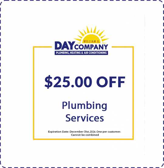 DayCompany coupon offering $25 off plumbing services with yellow border and blue text