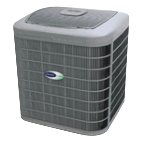 Gray outdoor air conditioning unit with grille vents and top fan cover