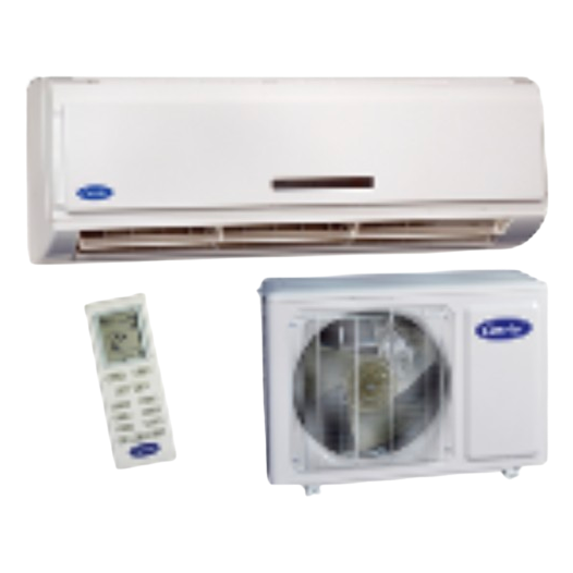 White wall-mounted air conditioner with remote and outdoor compressor unit