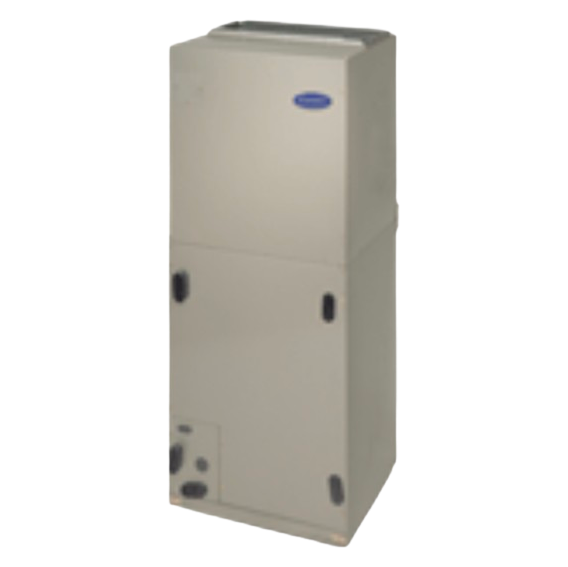 Beige industrial HVAC unit with control panel and blue logo, standing upright on a white background