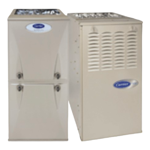 Two beige Carrier furnace units side by side, one front-facing and one angled with vented panels.