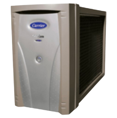 Carrier outdoor air conditioner unit, gray metal cabinet with vented side panels