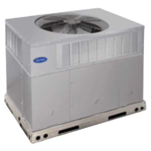 Large gray rooftop HVAC unit with a top-mounted fan on a pallet base