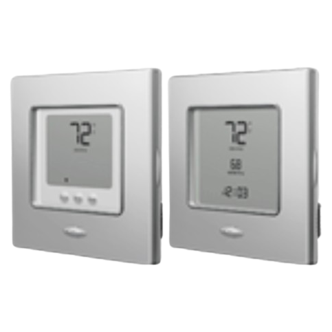 Two silver wall-mounted digital thermostats displaying 72°