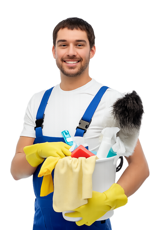 Person in a white shirt and blue suspenders holding a bucket of cleaning supplies and yellow gloves