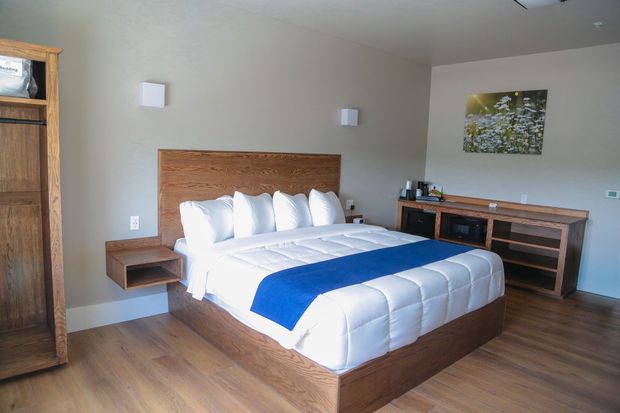 Modern bedroom with a wooden bed, blue runner, nightstands, and a desk by the window.