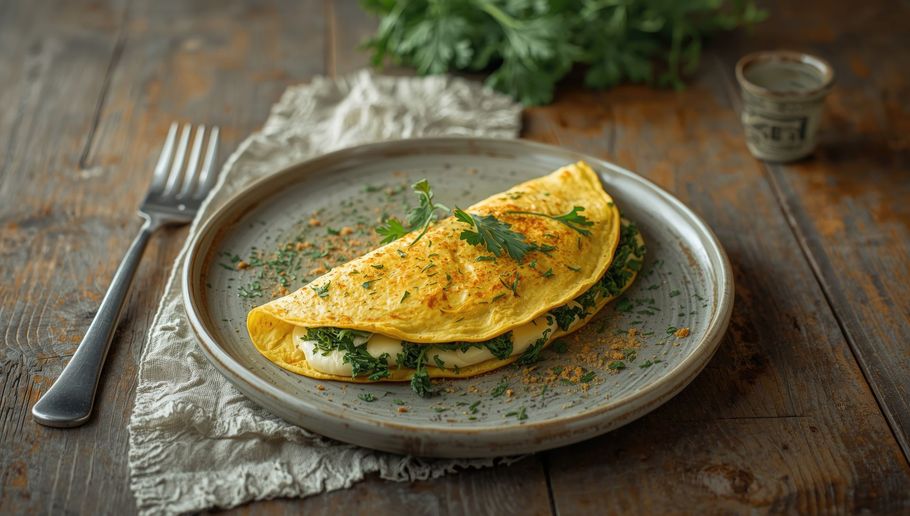Omelet on plate with herbs, set on a rustic wooden table with fork.