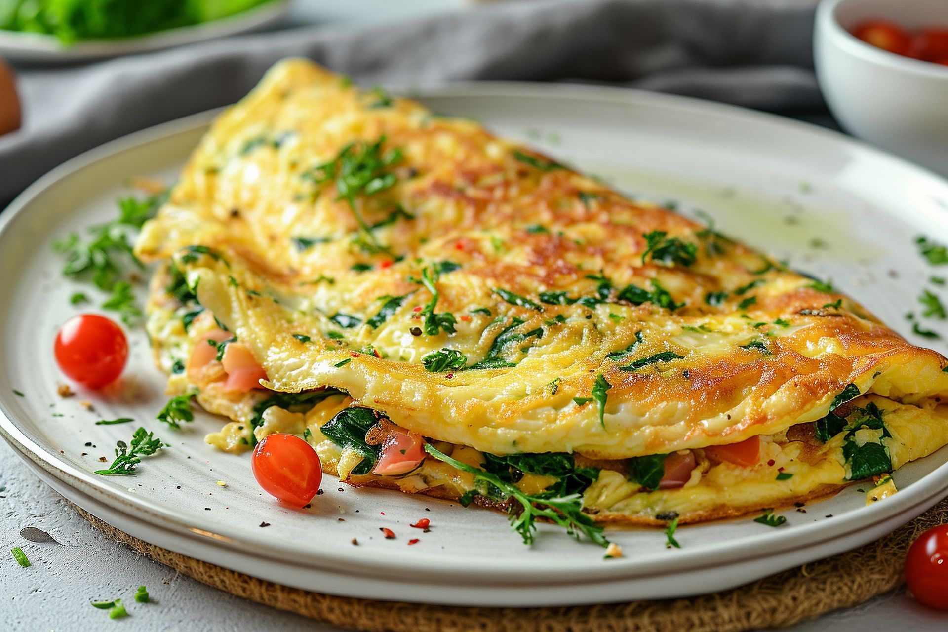 Fluffy omelet on a white plate, filled with spinach, shrimp, and tomatoes, garnished with parsley.