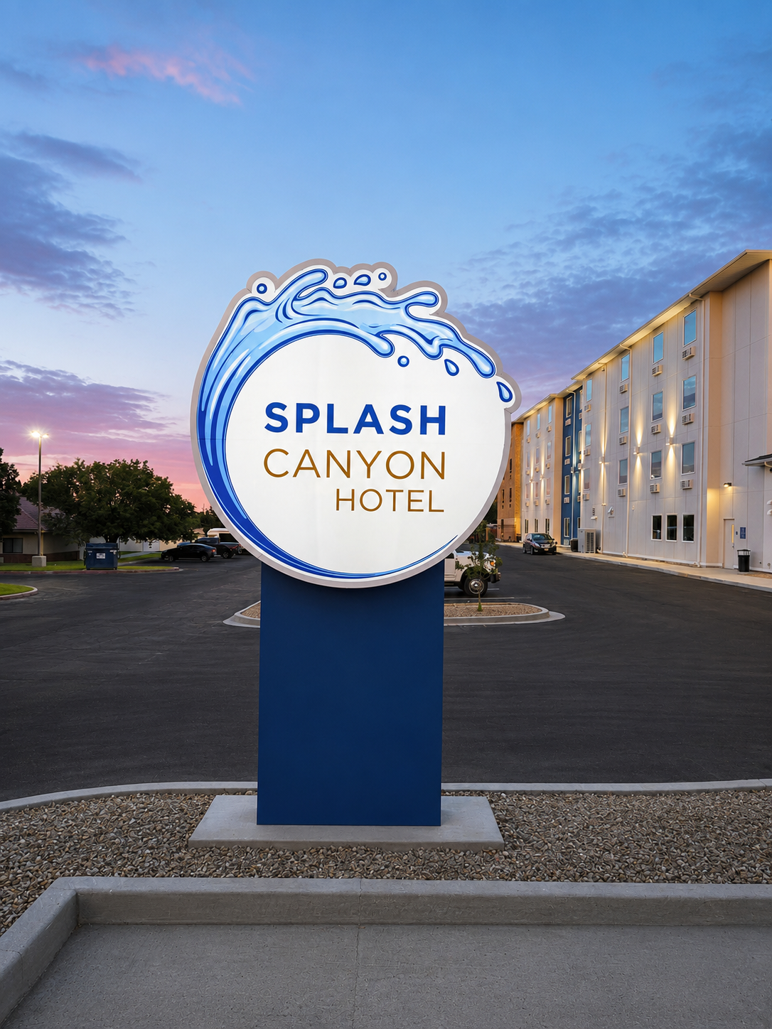 Splash Canyon Hotel sign at dusk beside a white hotel building
