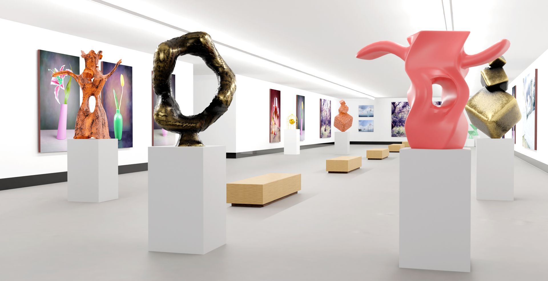 Modern art gallery with colorful abstract sculptures on white pedestals and walls lined with paintings