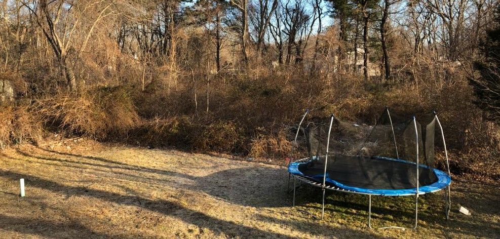 A blue trampoline in a grassy backyard beside a wooded hill in autumn