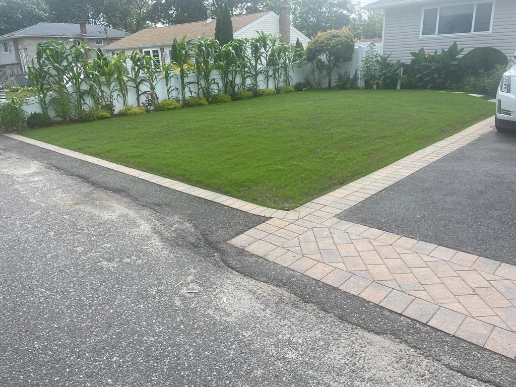 Corner lawn bordered by driveways and a hedge-lined fence in a suburban neighborhood