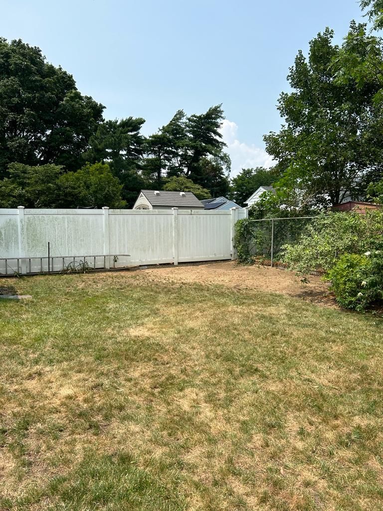 Backyard with dry grass, white fence, trees, and a sunny sky