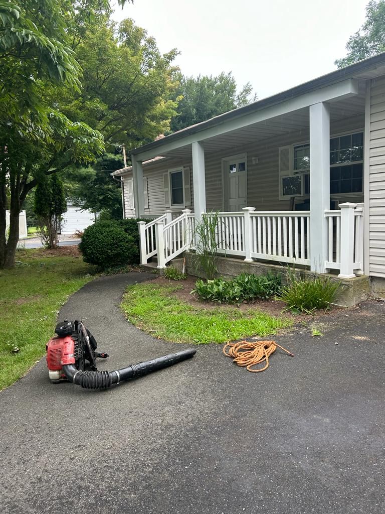 Red leaf blower on driveway beside a house porch, with a coiled hose and trees in the yard.