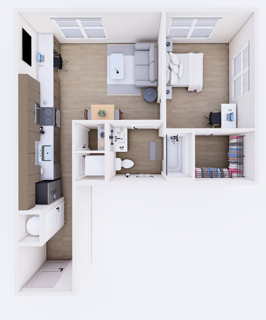 Floor plan of a small apartment: kitchen, living room with sofa, bedroom with bed, bathroom, and storage.