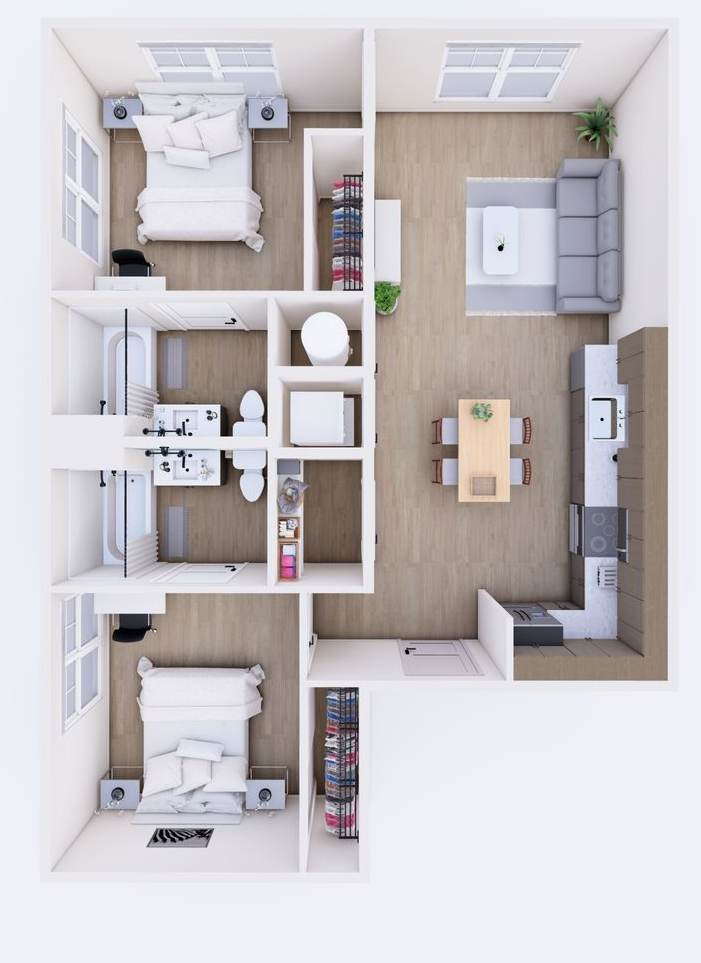 Floor plan of a two-bedroom apartment, with furniture placement and layout shown from an overhead perspective.