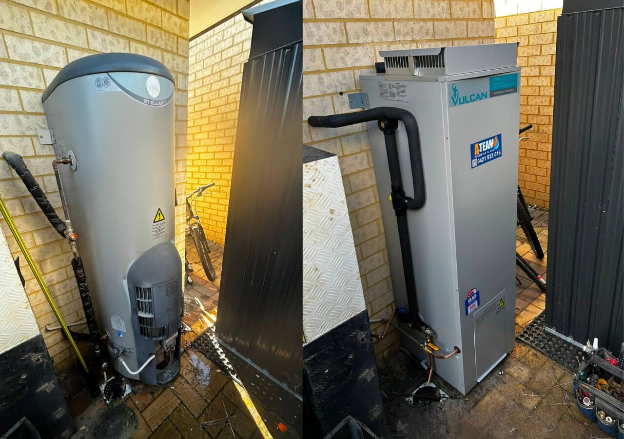 Old Rheem hot water system being replaced with a vulcan 135l system