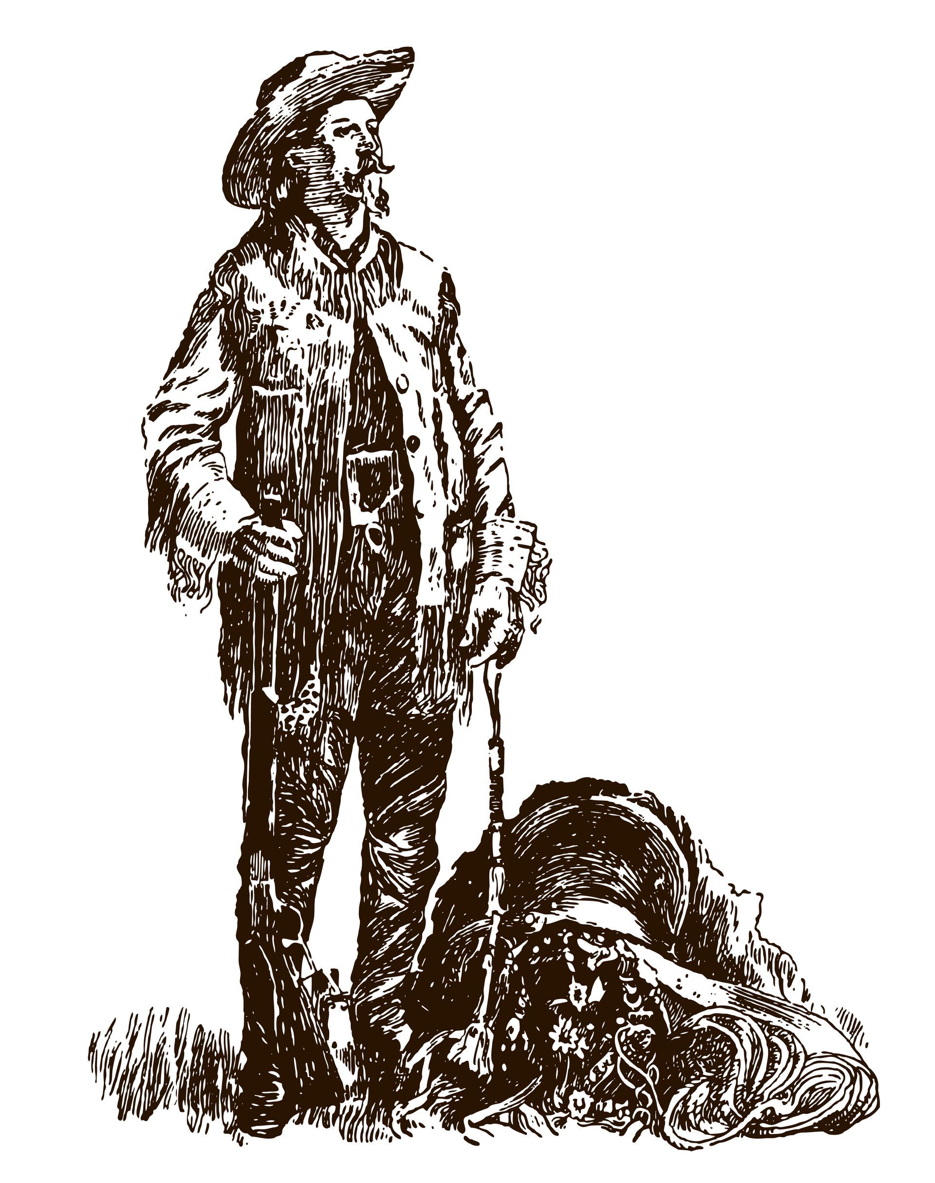A black and white drawing of a man standing next to a dog.