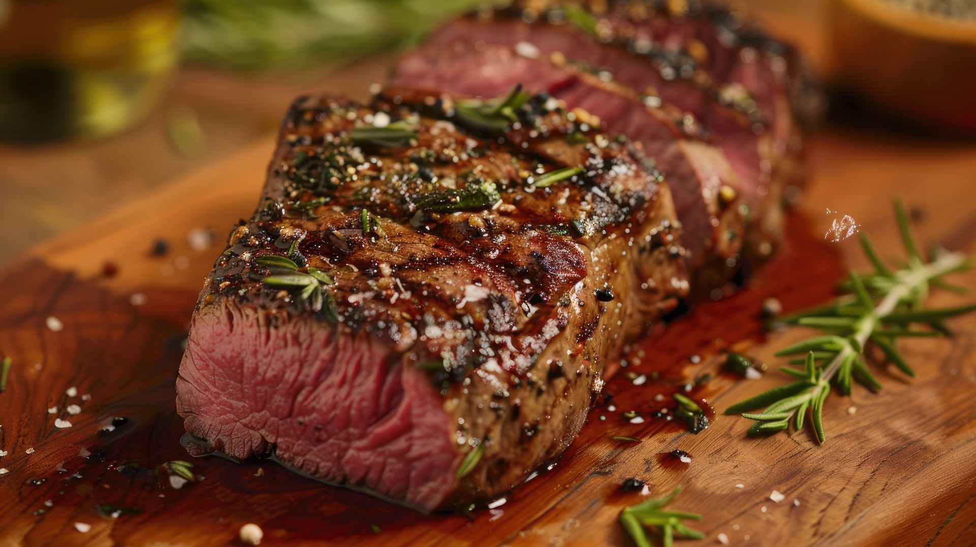 A close up of a grilled steak on a wooden cutting board.