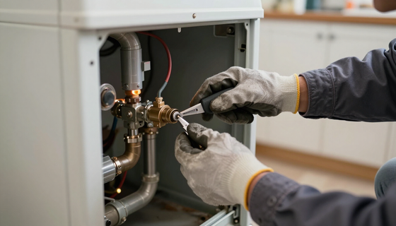 Gloved hands adjusting a boiler’s internal pipe fittings with a wrench