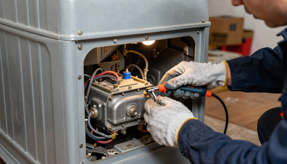 Person adjusts valves on a water heater, likely for maintenance. They're indoors, near white walls.
