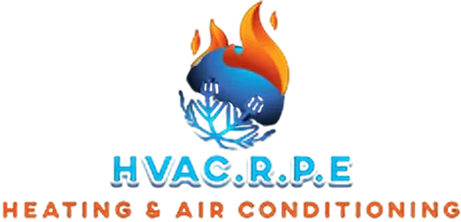 Logo of HVAC.R.P.E., featuring a flame-ice graphic, blue text, and orange tagline "Heating & Air Conditioning".
