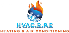 Logo of HVAC.R.P.E., featuring a flame-ice graphic, blue text, and orange tagline "Heating & Air Conditioning".
