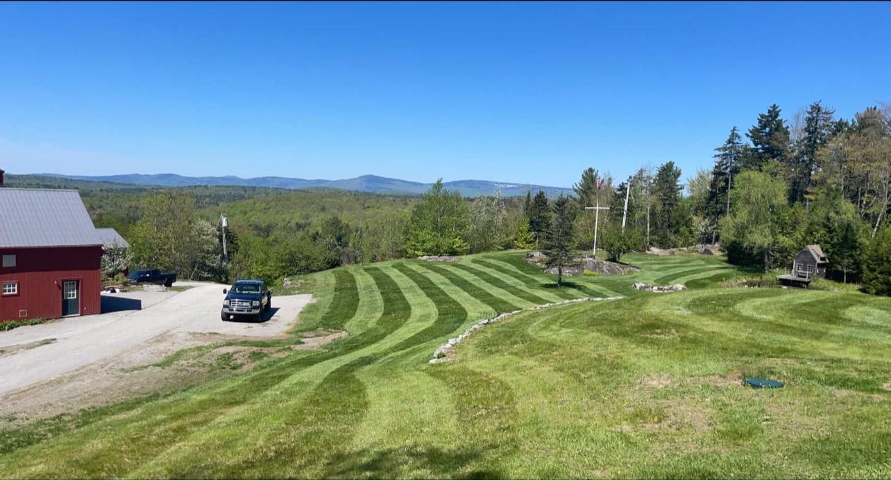 Lawn with striped patterns, red house, and a dark vehicle, set against a green forest and blue sky.