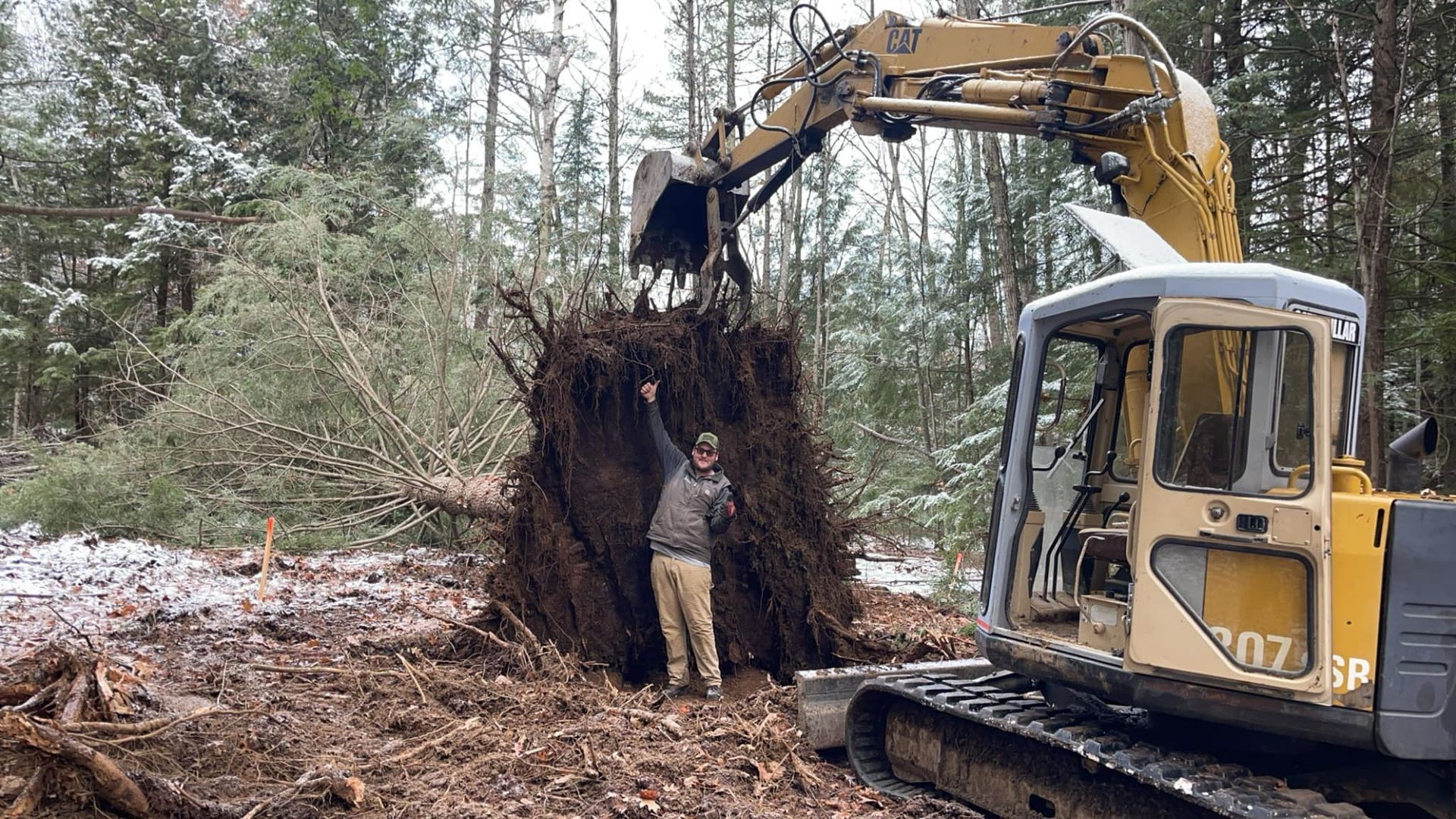 A person gestures at a tree root ball, lifted by a yellow excavator in a snowy forest.