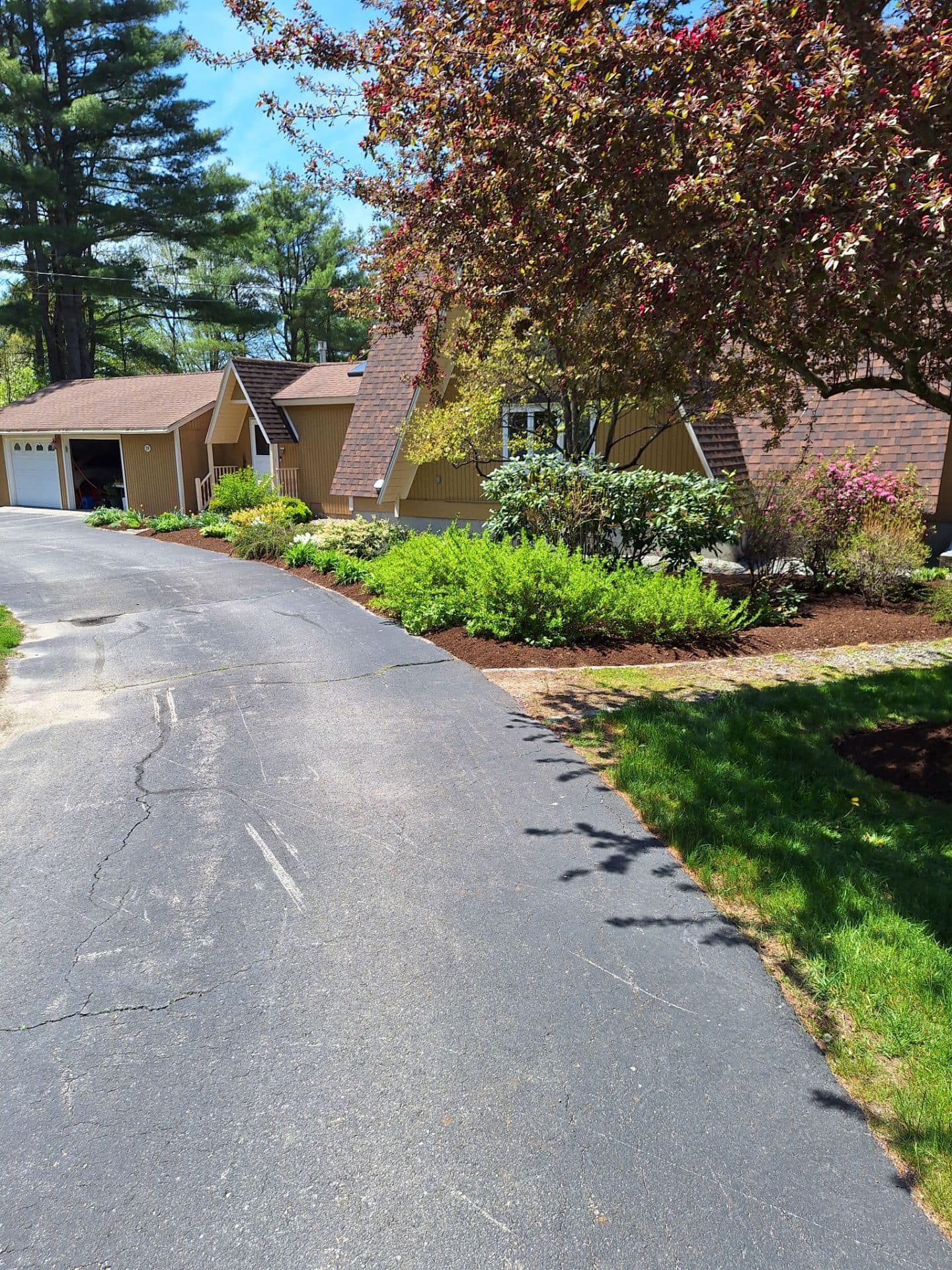 Asphalt driveway leading to a yellow house with brown roof and attached garage; landscaped yard.