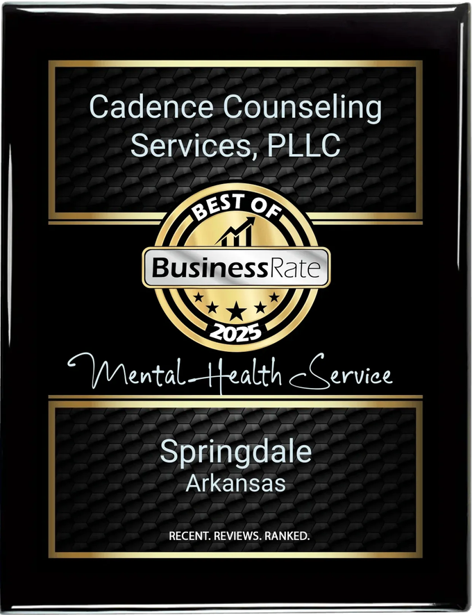 BusinessRate 2025 award plaque for Cadence Counseling Services PLLC in Springdale, Arkansas