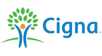 Cigna logo with blue wordmark and green-and-orange human figure with leaves