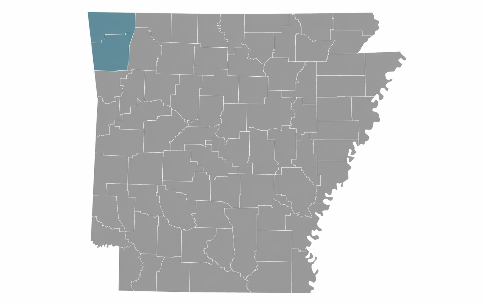 Gray county map with one blue-highlighted area in the northwest corner