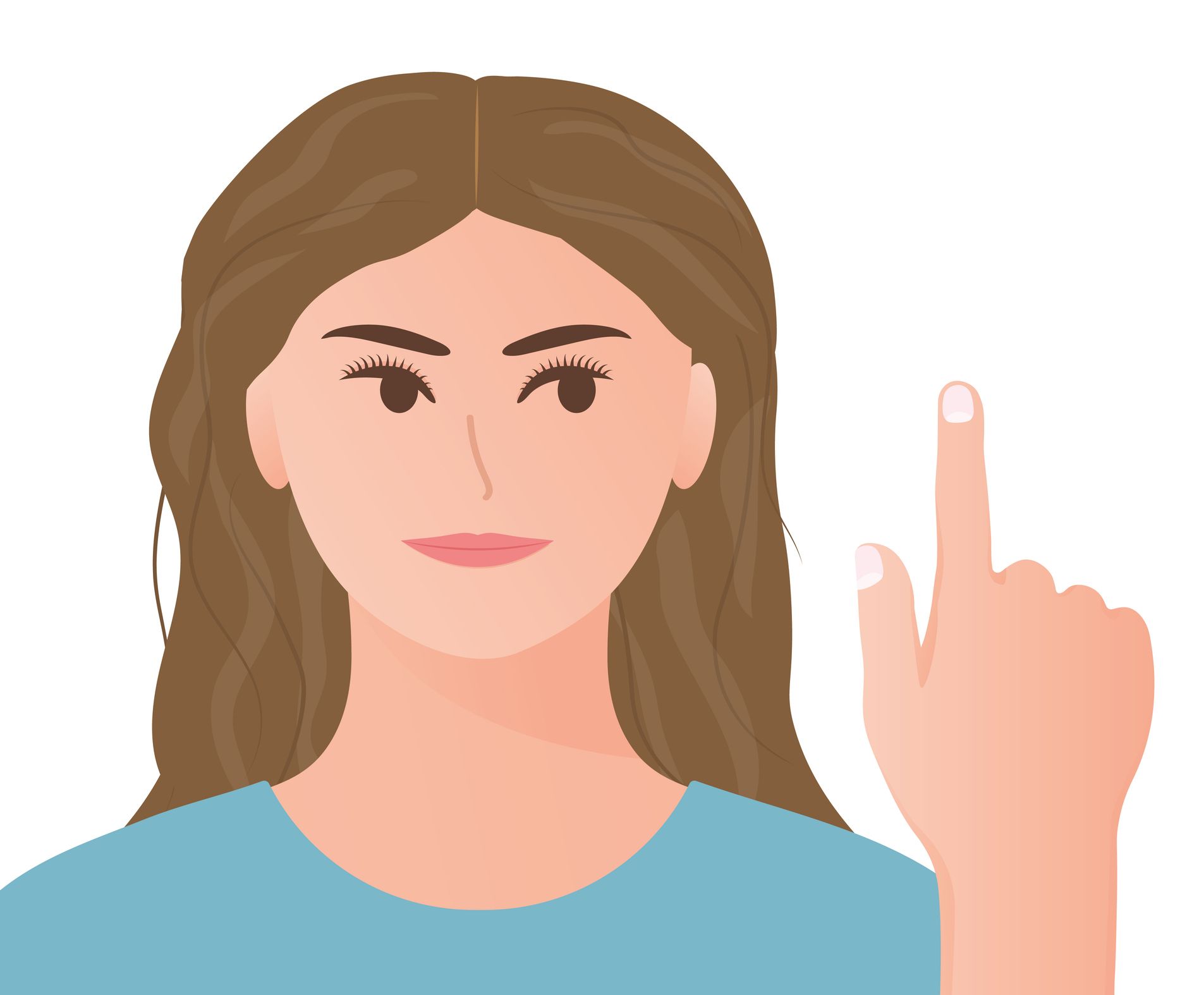 Woman with long brown hair in blue shirt, holding up her middle finger.