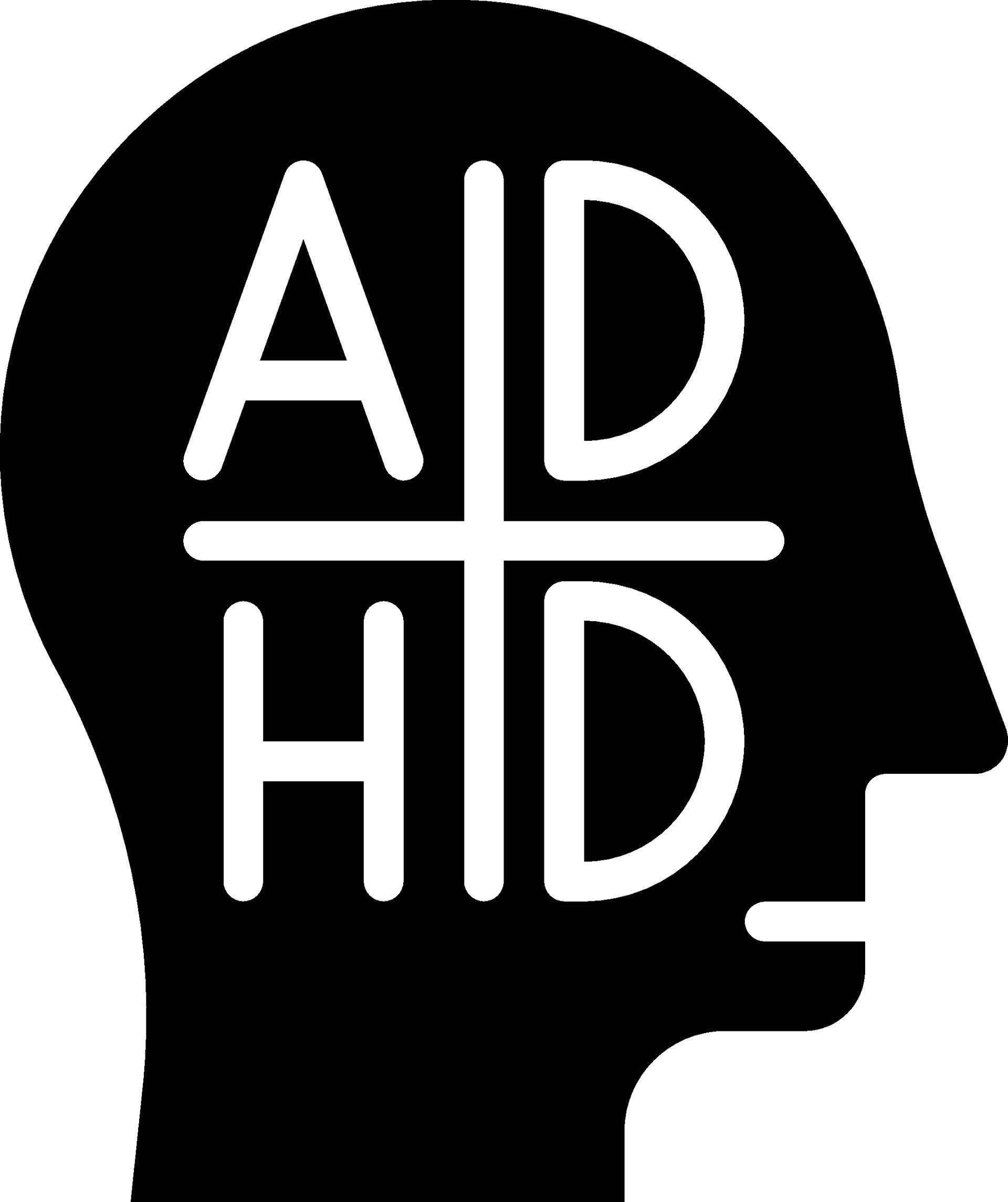 Black head silhouette with “ADHD” divided by a cross inside it.